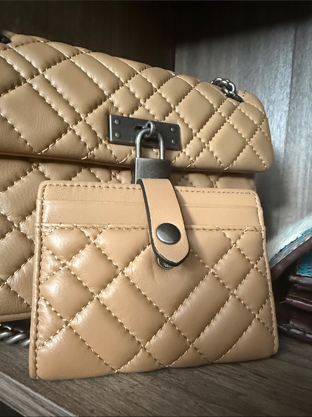 Kurt Geiger Quilted Beige Snap Card Holder; Like New!